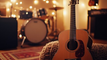 Naklejka premium Close-up of an acoustic guitar resting on a comfy chair, with a drum kit and recording tools in the background. Soft lights add to the inviting, cozy atmosphere