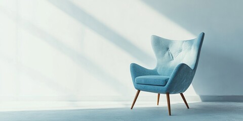 Serene blue armchair in sunlit room.