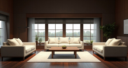 Fototapeta premium interior with sofa and wooden coffee table - 3d rendered illustration