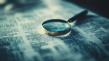 magnifying glass placed on graph paper symbolizes financial analysis, scrutiny, and careful examination of market data, investments, and economic trends