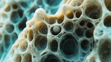 95.An abstract macro shot revealing a cellular matrix composed of hexagonal patterns and spherical inclusions. The intricate design resonates with biological themes, drawing focus to the detailed