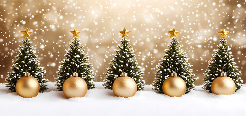 Five snow-covered Christmas trees with gold ornaments.