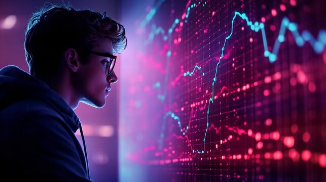 Young man wearing glasses hoodie standing front large A data scientist working