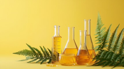 117.An arrangement of scientific glass flasks and raw beeswax on a vibrant yellow background, with fern leaves providing a touch of greenery. The clean laboratory setup emphasizes the purity and