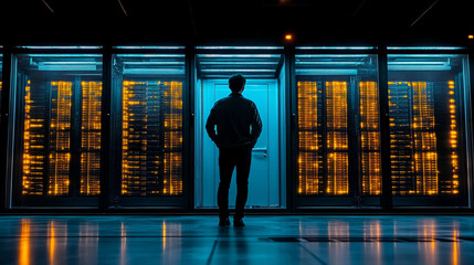 server racks in a data center with blurred background symbolizing technology, data processing, and the backbone of modern information infrastructure