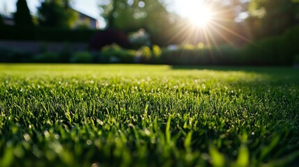 Naklejka premium Close-up grassy lawn sun shining brightly background grass of a manicured
