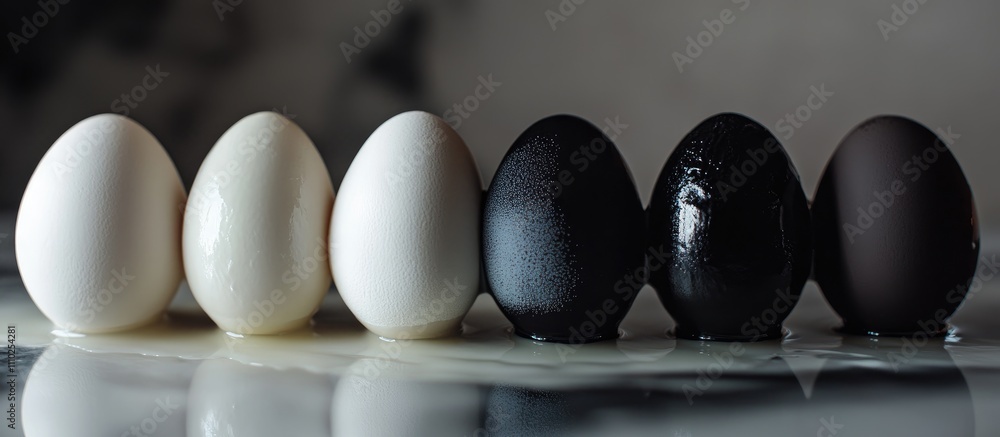 Poster creative display of white and black eggs arranged in a row showcasing contrasts in color and texture