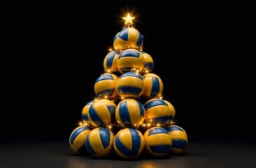 Christmas tree made of volleyballs, on a black background