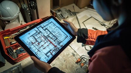 A person viewing architectural plans on a tablet in a workshop setting.