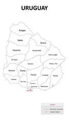 Naklejka premium Uruguay Map. State and district map of Uruguay. Administrative map of Uruguay with states and boundaries in white color.