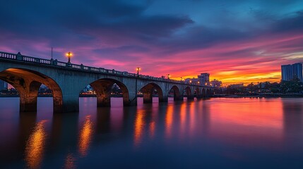 Fototapeta premium A vibrant sunset over a bridge reflecting in the water.
