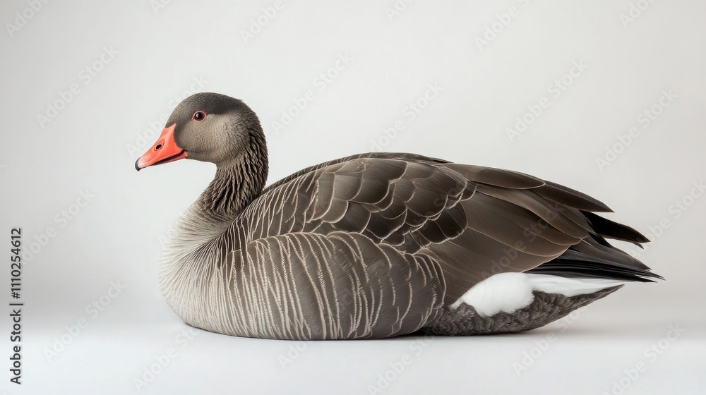 Poster graceful gray goose resting elegantly on a soft white background showcasing its unique color and fea