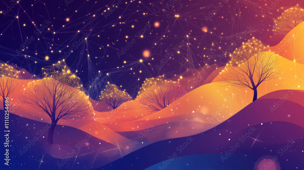 Poster abstract image starry sky or space, consisting of points, lines, and shapes in the form of tree, sta