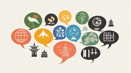 An evocative portrayal of cultural dialogue with a series of interconnected speech bubbles filled with traditional symbols from various cultures, symbolizing respectful communication