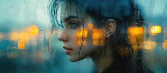 Profile of a contemplative young woman behind a foggy window with blurred city lights creating a moody atmosphere in the background.