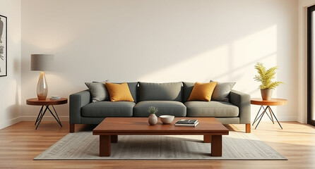 interior with sofa and wooden coffee table - 3d rendered illustration