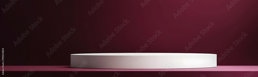 Poster smooth white podium with clean edges, set against a rich, deep burgundy background with empty space 