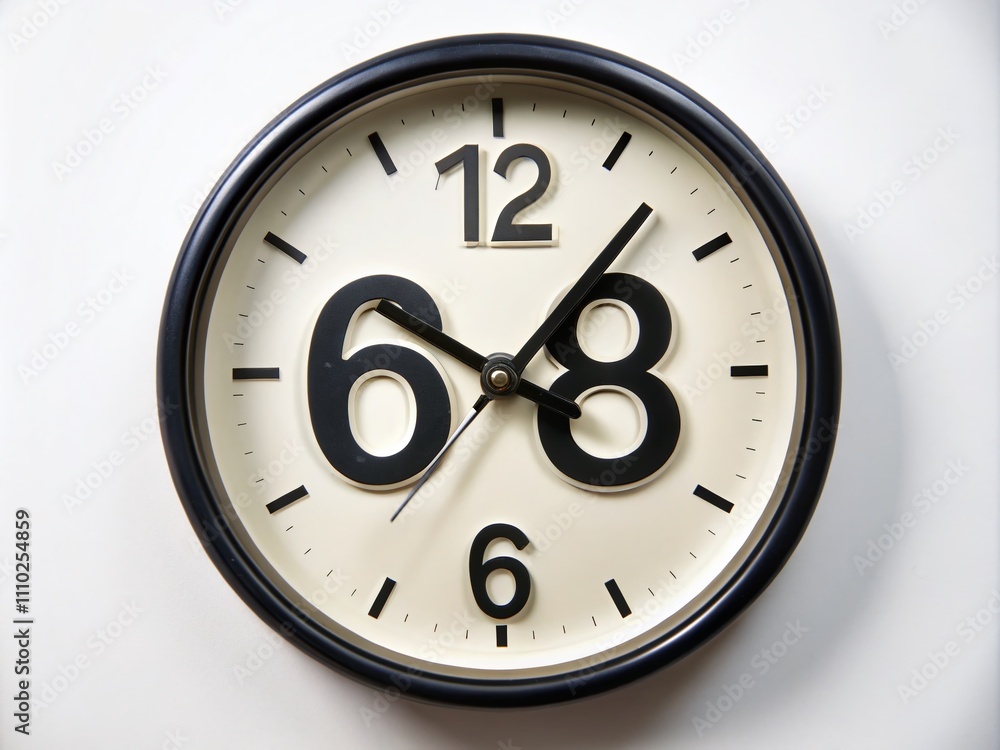 Poster classic analog clock face displaying the number 68 in bold black font on white background for concep