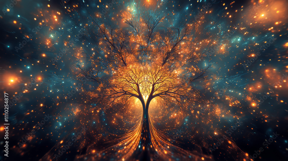 Poster abstract image starry sky or space, consisting of points, lines, and shapes in the form of tree, sta