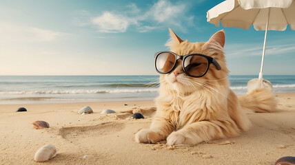 A fluffy cat chilling on a beach and wearing sunglasses. Generative AI.