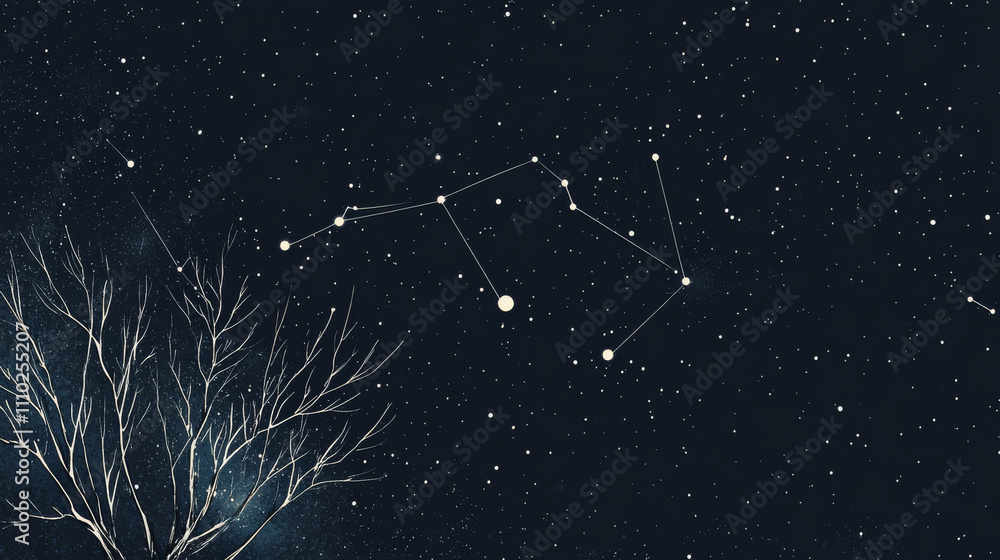 Poster abstract image starry sky or space, consisting of points, lines, and shapes in the form of tree, sta