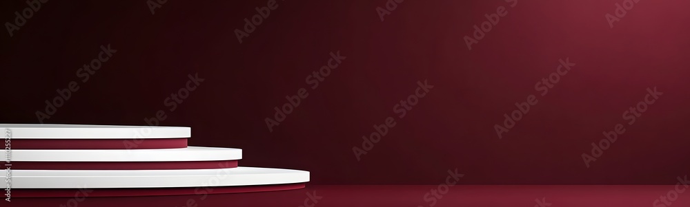 Aufkleber smooth white podium with clean edges, set against a rich, deep burgundy background with empty space 