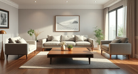 Fototapeta premium interior with sofa and wooden coffee table - 3d rendered illustration
