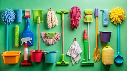 Cleaning Tools on Vibrant Green Background for Home Care: A Collection of Essential Supplies for an Immaculate Living Space and Effective Household Maintenance