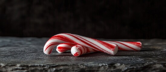 Three festive red and white candy canes arranged on a dark stone surface perfect for holiday and seasonal designs and marketing materials