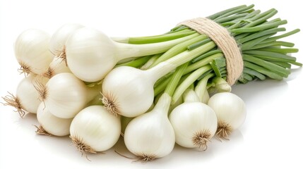 Fresh bunch of green organic chives and scallions tied together, featuring vibrant green tops and small white bulbs, isolated on a clean white background, food, cooking, freshness, herbs.