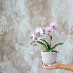 Obraz premium Blooming orchid banner. Woman hand holding flowerpot with beautiful orchid closeup, wall background