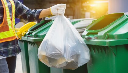 Waste Disposal Worker: A sanitation worker carefully disposes of trash into a large green recycling bin.  The image emphasizes environmental responsibility and urban cleanliness.