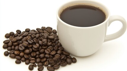 A steaming cup of coffee beside freshly roasted coffee beans creatively arranged in a heart shape on a clean white background