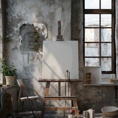 Empty Painting studio, art studio at loft apartment, cozy workplace mockup, clear canvas on easel