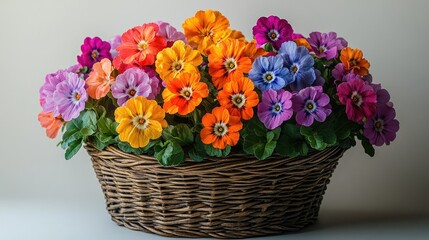 Vibrant primula flowers in a woven basket showcasing a colorful arrangement against a neutral background for decorative purposes