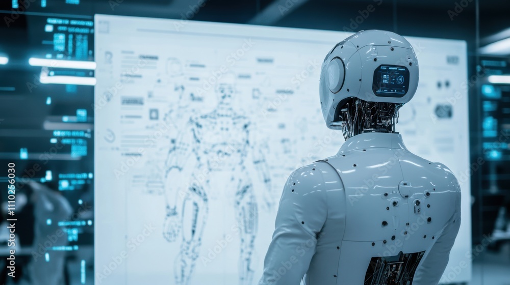 Poster robot analyzes human anatomy in a futuristic lab setting using advanced interface technology