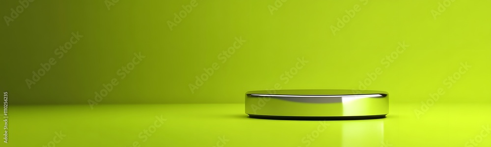 Aufkleber shiny chrome podium with a reflective surface, under soft lighting, set against a bright lime green 