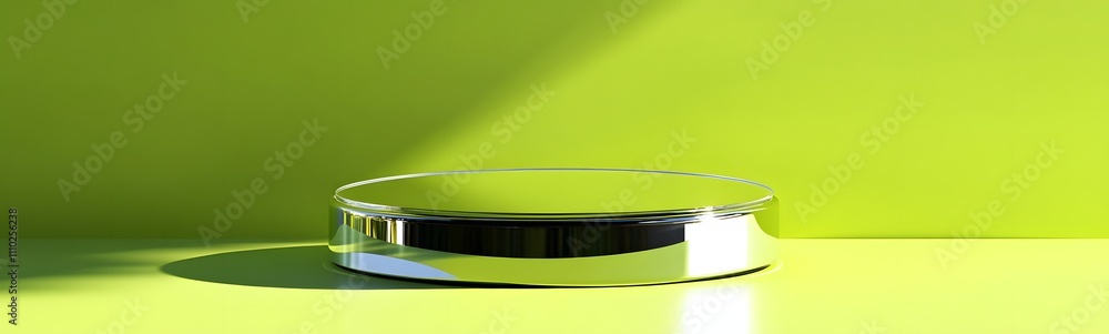 Poster shiny chrome podium with a reflective surface, under soft lighting, set against a bright lime green 