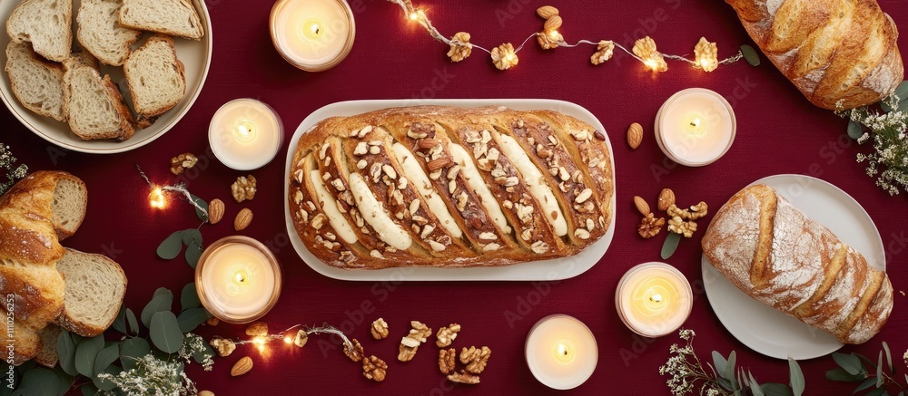 Poster delicious bread cheese and nuts arranged on a dark red tablecloth with candles creating a warm and i