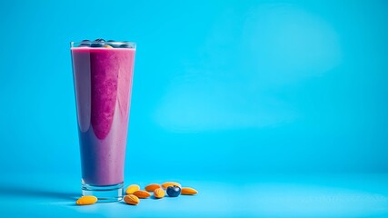 Delicious berry smoothie in tall glass with almonds
