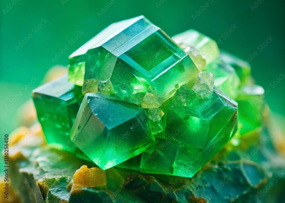 Poster closeup macro view of a green calcite gemstone on a soft pastel green background for use in elegant 