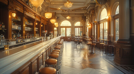 The interior of a large bar during the day.