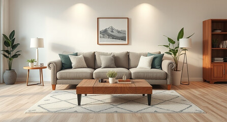 interior with sofa and wooden coffee table - 3d rendered illustration