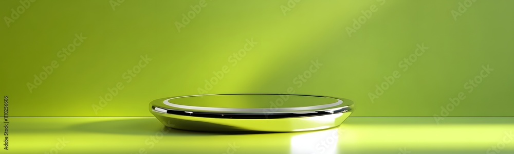 Poster shiny chrome podium with a reflective surface, under soft lighting, set against a bright lime green 