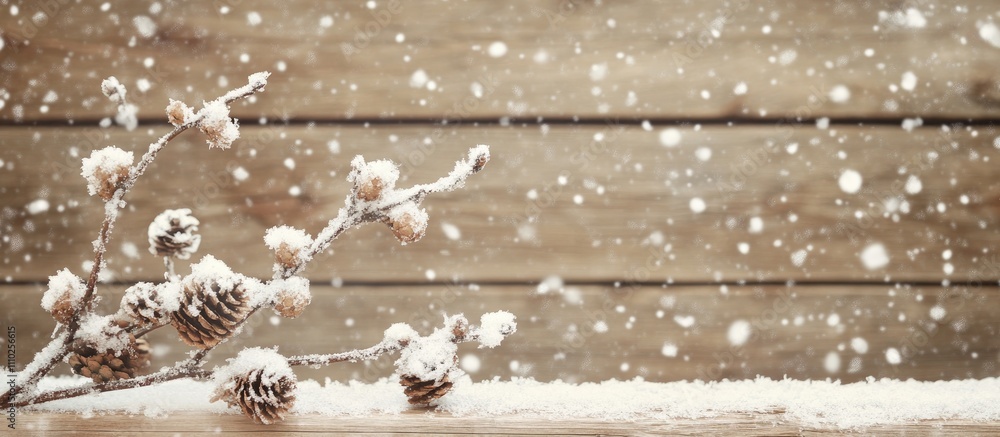 Poster snow-covered branch with pine cones on a wooden surface featuring a soft snowy bokeh background crea