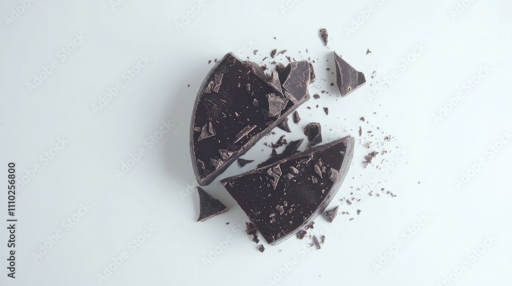 Aufkleber dark chocolate split in half with scattered shards on a clean white background showcasing its rich t