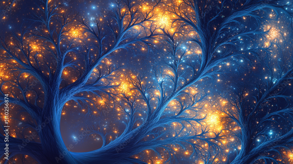 Poster abstract image starry sky or space, consisting of points, lines, and shapes in the form of tree, sta