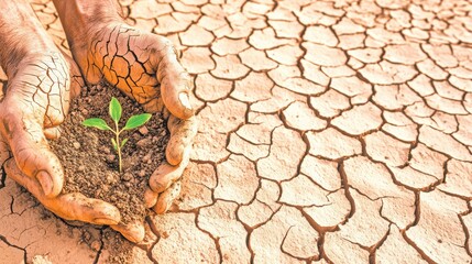 Climate change's toll on agriculture shown through a farmer's cracked hands holding dry soil and a withered plant. 