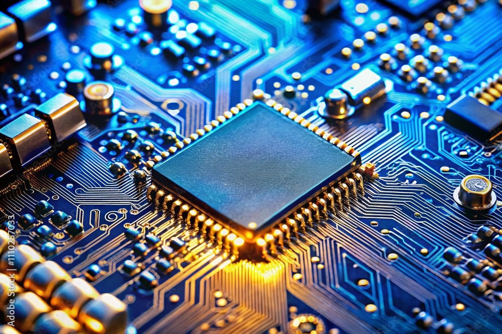 Poster close-up of a blue circuit board featuring gold and silver components, symbolizing advanced electron
