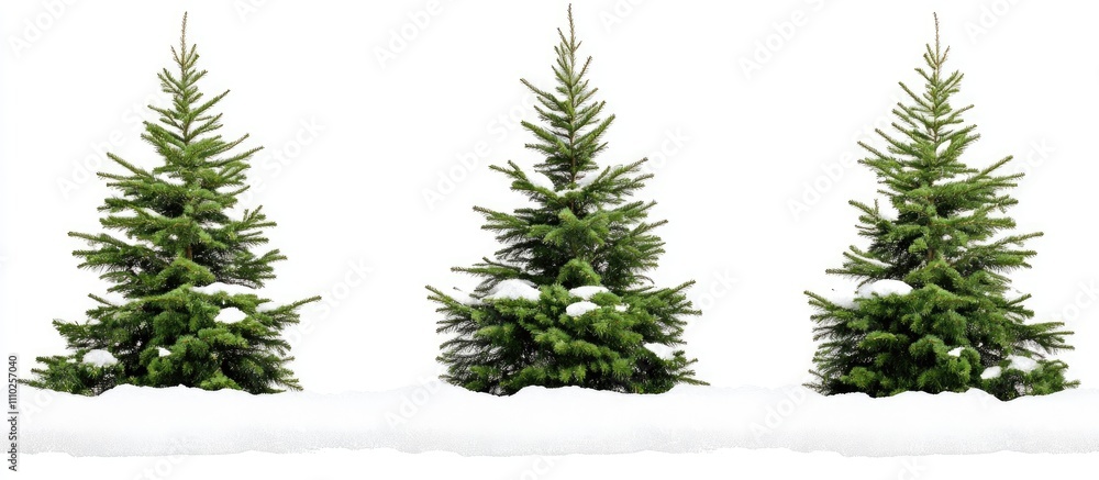 Poster artificial christmas trees with snow on branches arranged in a row against a clean white background 